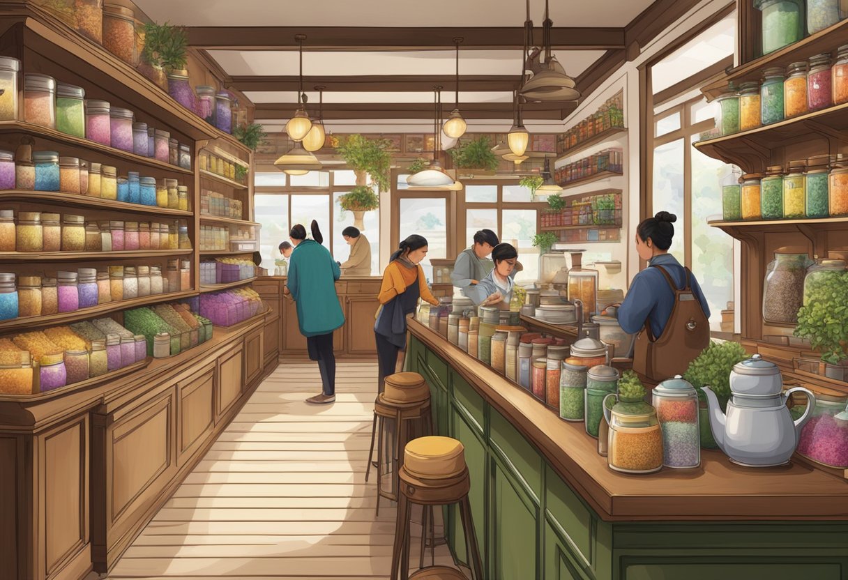 A bustling tea shop with colorful displays, shelves lined with various tea blends, and customers browsing and chatting with the staff