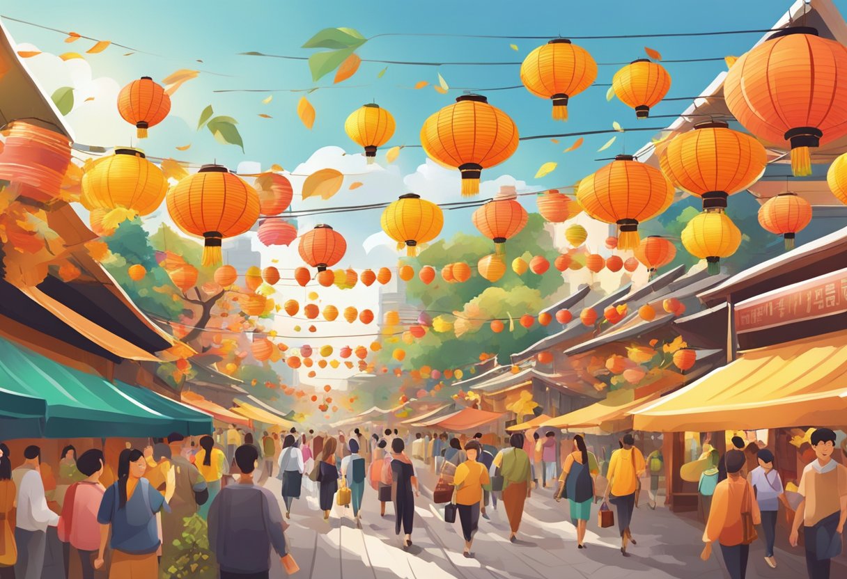 The vibrant autumn festival in Singapore features colorful lanterns, traditional performances, and bustling market stalls