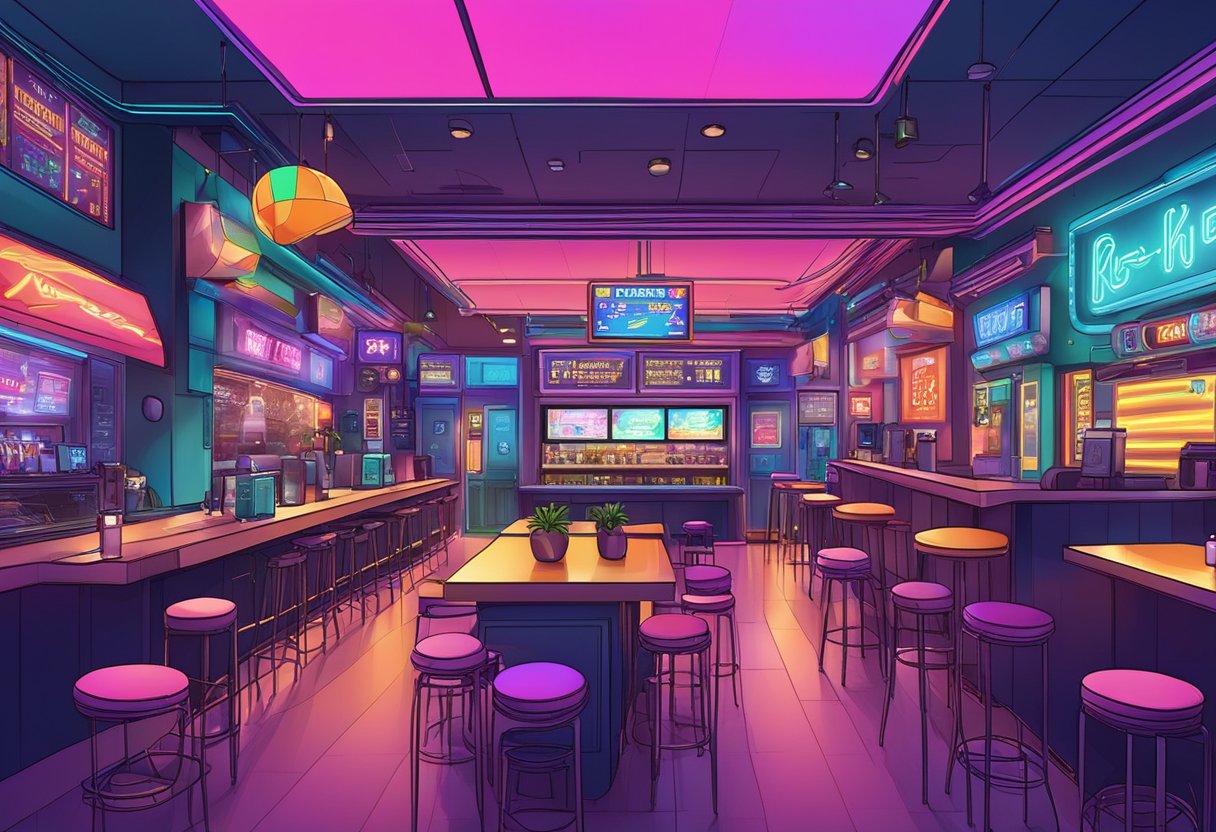 A vibrant KTV cluster in Singapore, with colorful neon signs and bustling nightlife