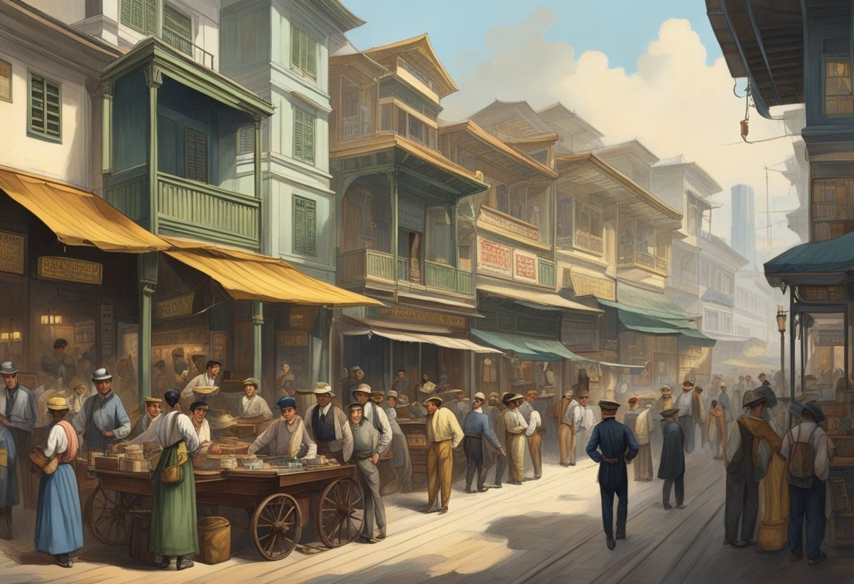 The bustling streets of 19th century Singapore's Barbary Coast, with opium dens, brothels, and gambling houses, teeming with sailors and merchants from around the world
