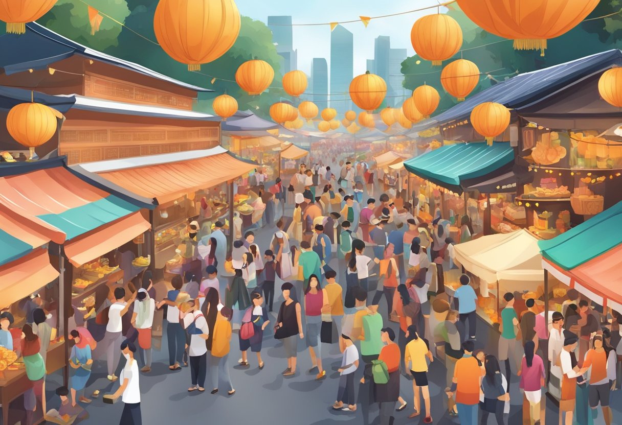 A bustling autumn festival in Singapore with colorful stalls and lively crowds enjoying traditional food, music, and cultural performances