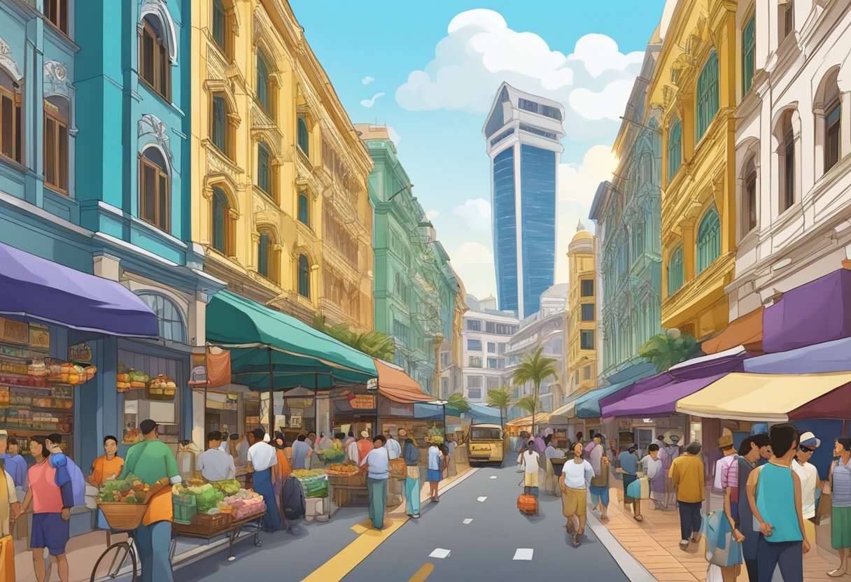 The bustling streets of Barbary Coast, Singapore, with colorful buildings and busy markets