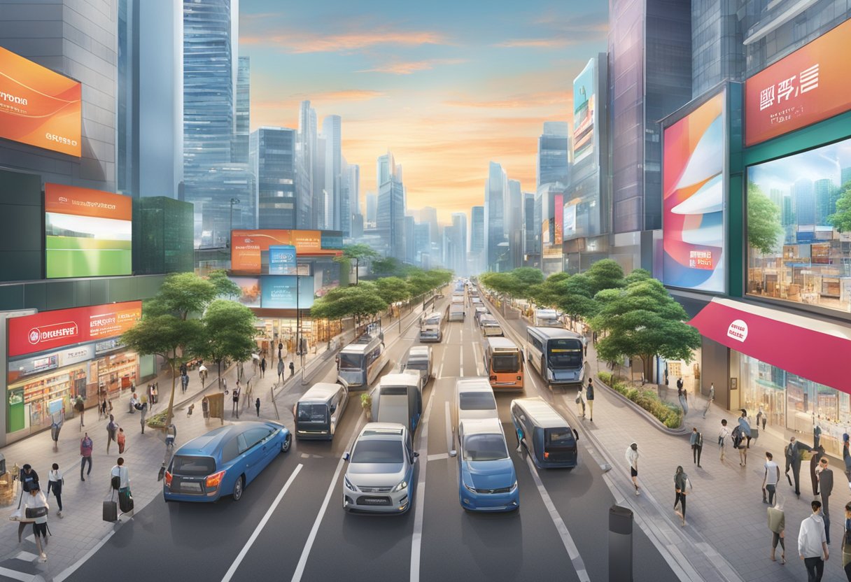 A bustling cityscape with Hitachi Singapore's products and services showcased in prominent storefronts and digital billboards