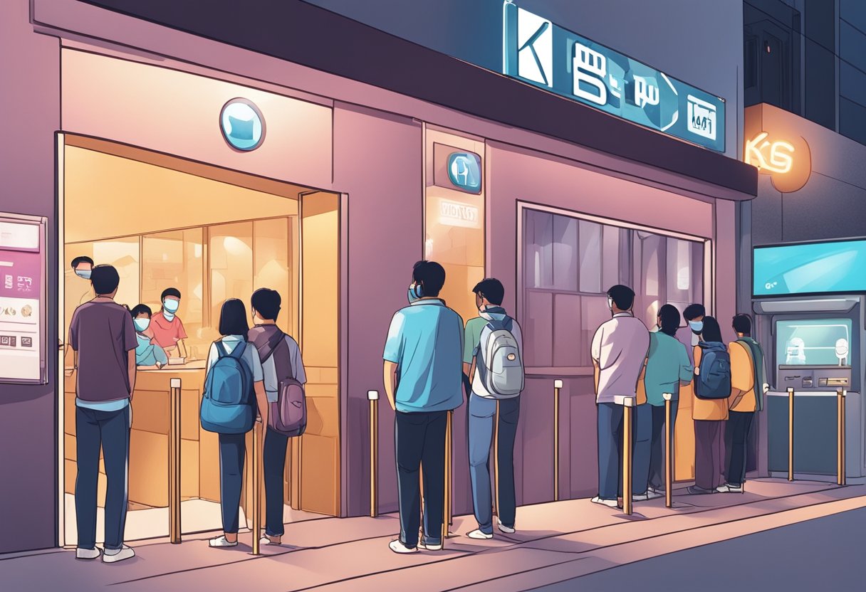 People waiting in line outside a KTV cluster in Singapore, wearing face masks and observing social distancing. Hand sanitizing stations are visible at the entrance