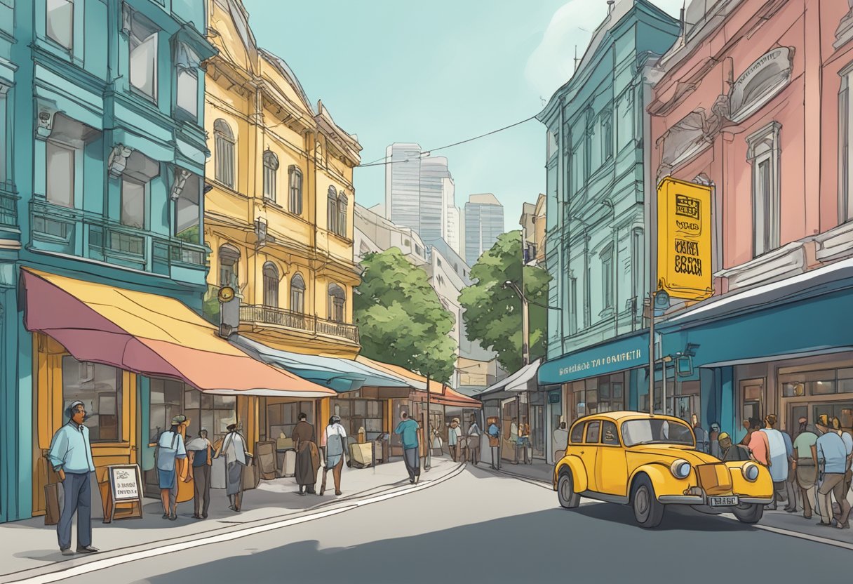 A bustling street with a sign reading "Frequently Asked Questions" in front of the Barbary Coast area in Singapore