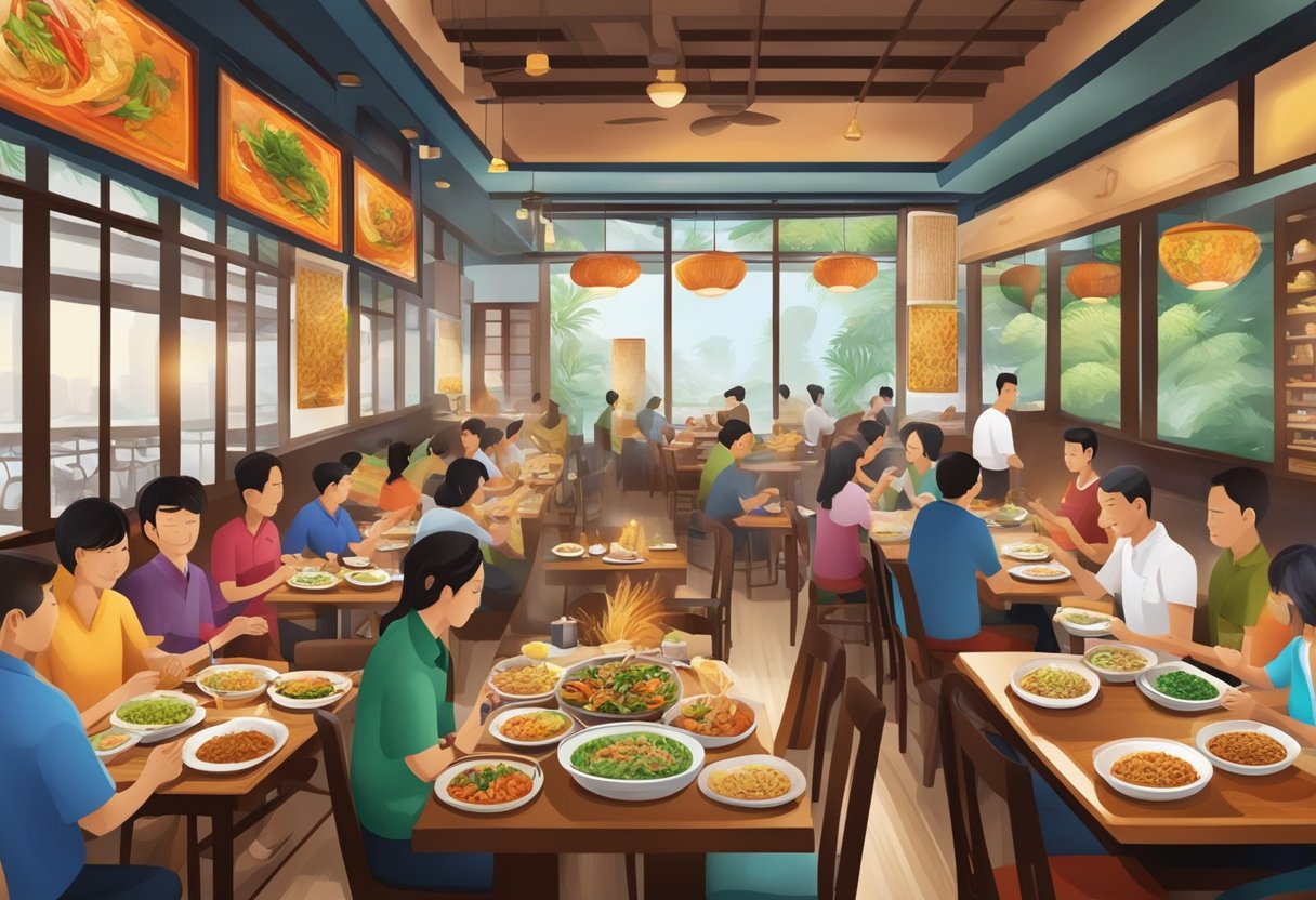 A bustling Thai restaurant in Singapore with colorful decor, steaming plates of noodles, and the aroma of spices filling the air