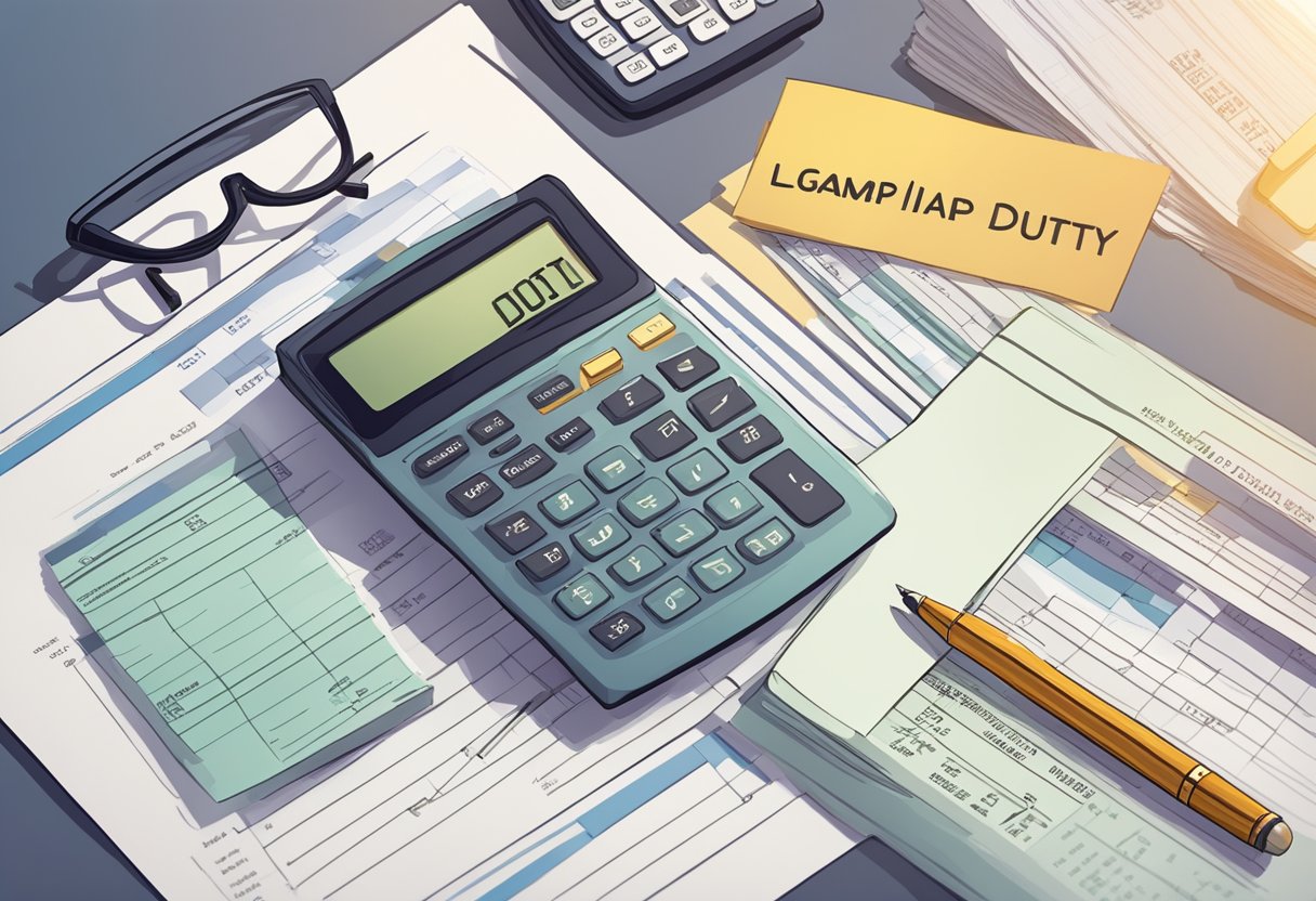 A stack of legal documents on a desk, with a pen poised to sign. A calculator and paperwork scattered around. A stamp with "Stamp Duty Singapore" prominently displayed