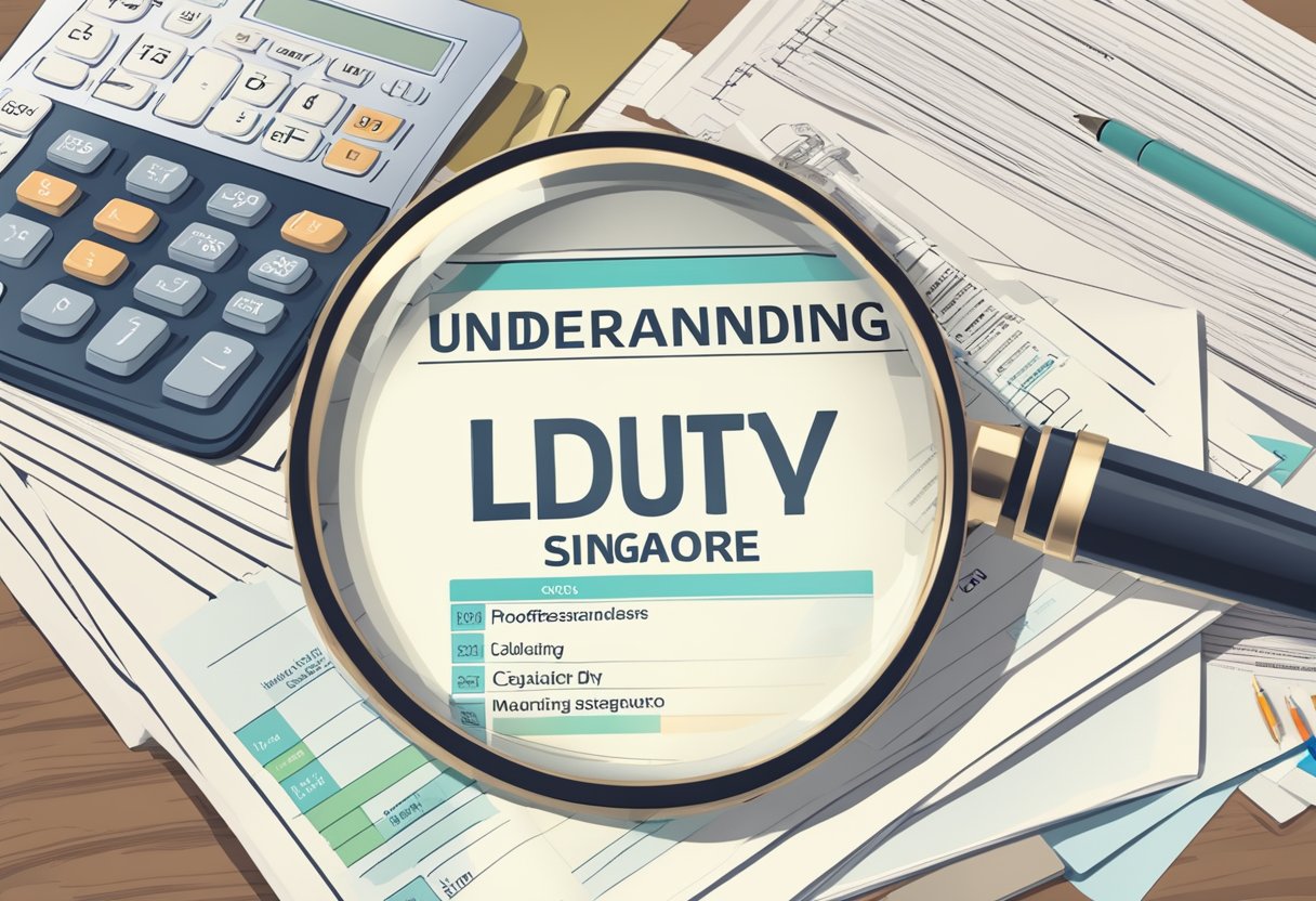 A stack of legal documents with "Understanding Stamp Duty in Singapore" printed on the cover, surrounded by a magnifying glass, calculator, and a pen