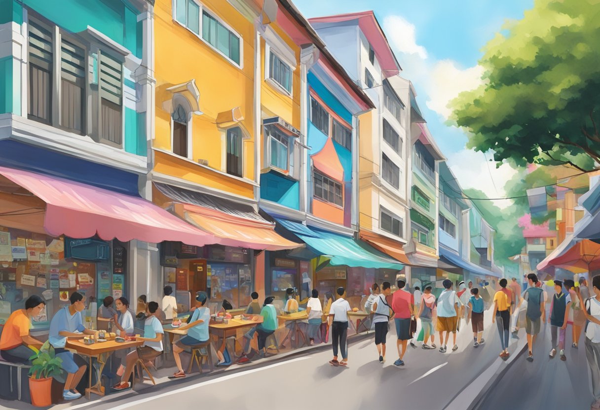 A bustling street in Ura, Singapore, with colorful shopfronts and vibrant street art