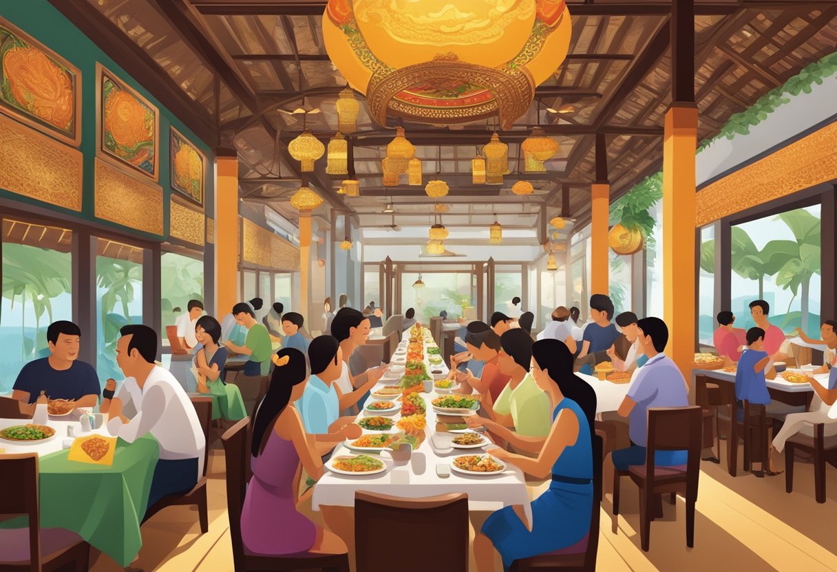 Customers savoring authentic Thai dishes in a bustling Singapore restaurant, surrounded by vibrant decor and the aroma of exotic spices