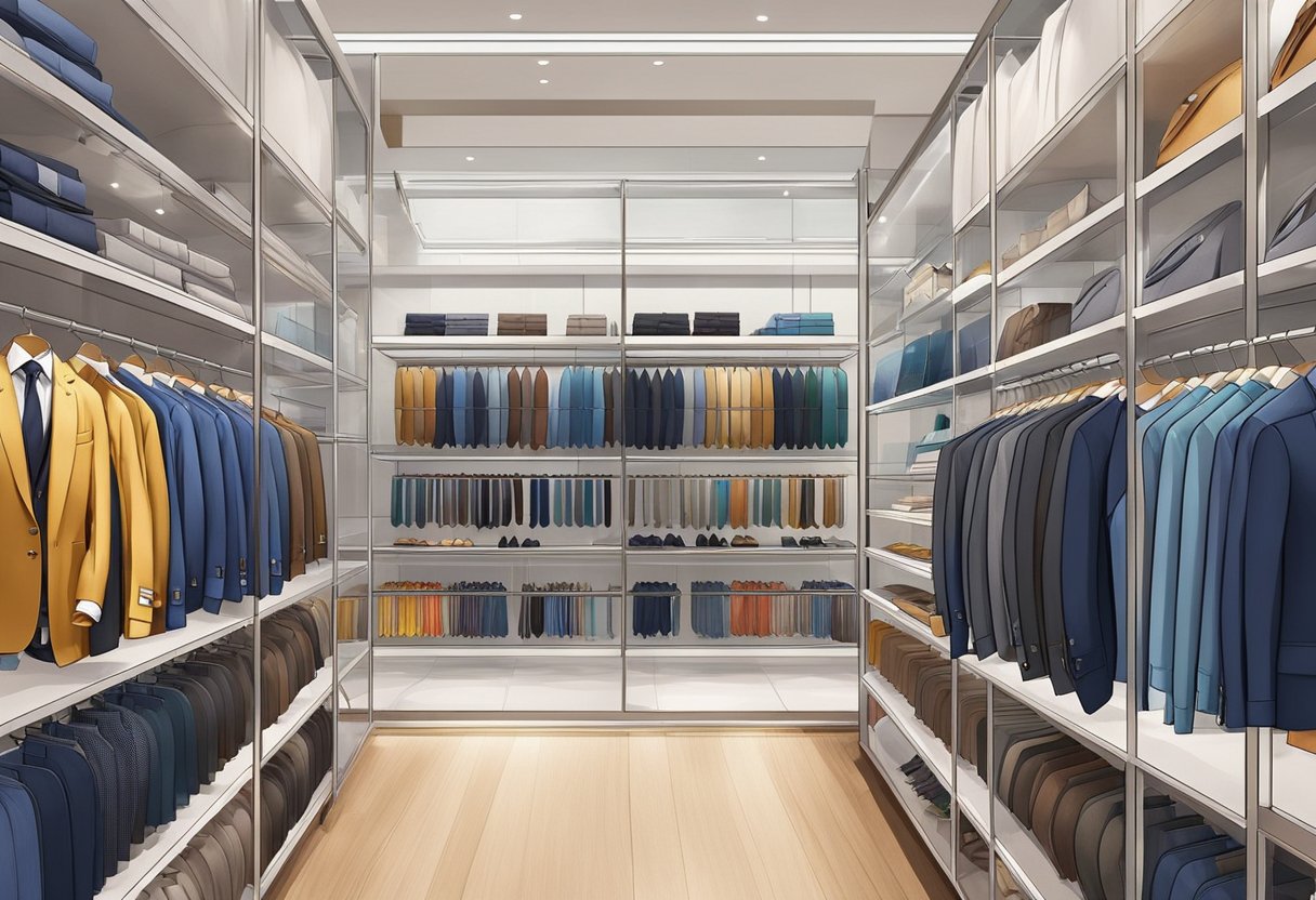 A bustling SuitSupply store in Singapore, with racks of neatly organized suits, colorful ties, and stylish accessories on display. Bright lighting and modern decor create a sophisticated atmosphere
