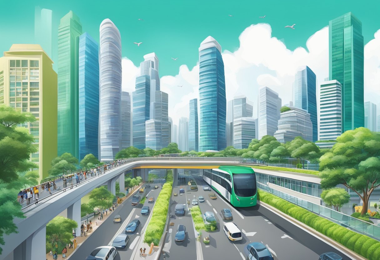Busy streets lined with modern high-rise buildings, green spaces, and efficient public transportation systems in the heart of Singapore's urban planning and development