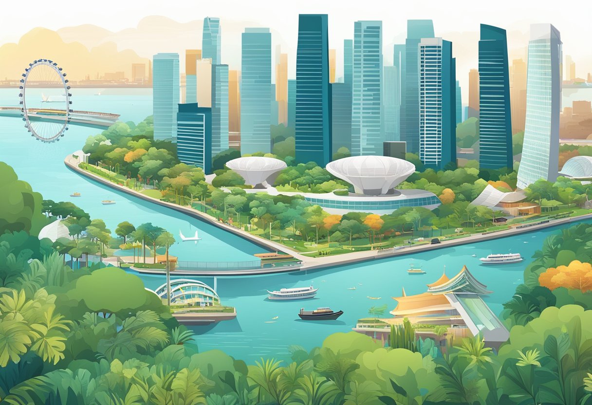 Busy urban skyline of Singapore with iconic landmarks like Marina Bay Sands and Gardens by the Bay