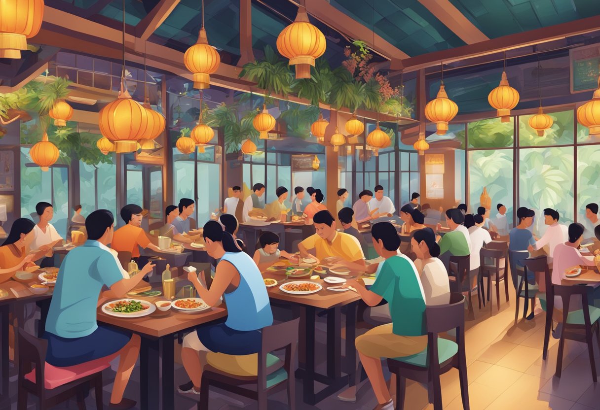 A bustling Thai restaurant in Singapore, filled with vibrant colors, aromatic spices, and sizzling dishes being served to satisfied customers