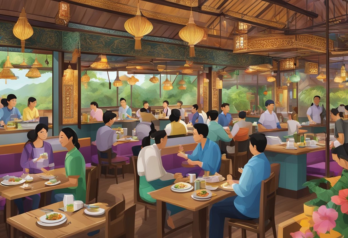 A busy Thai restaurant with customers dining, waitstaff serving food, and a colorful interior decor