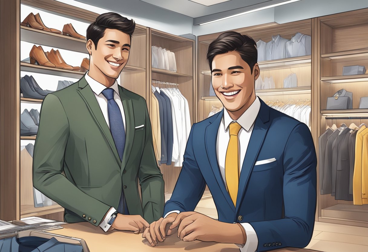 A customer service representative assists a client with a smile at the Suitsupply Singapore store, while additional services such as alterations and styling are showcased in the background