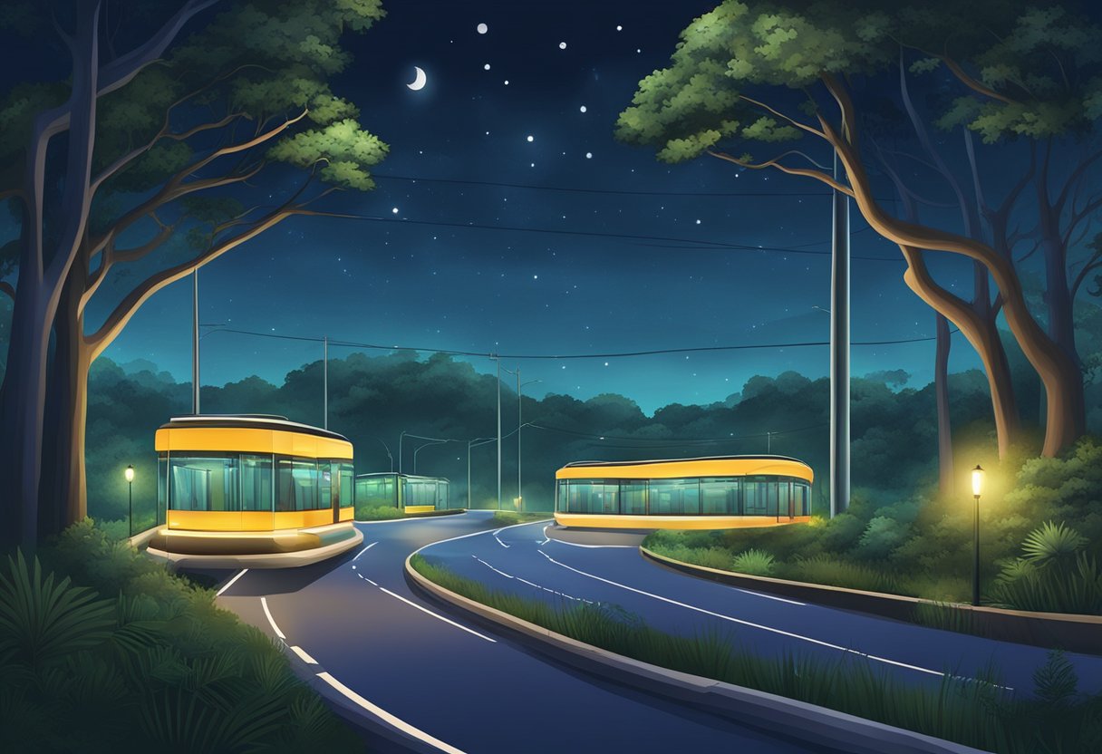 The serene Mandai Lake Road at night, with the glowing lights of the Singapore Night Safari illuminating the lush surroundings