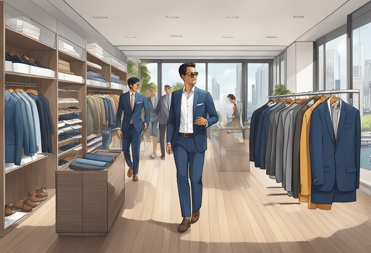 Customers browsing through racks of suits at Suitsupply Singapore, with staff assisting and answering frequently asked questions