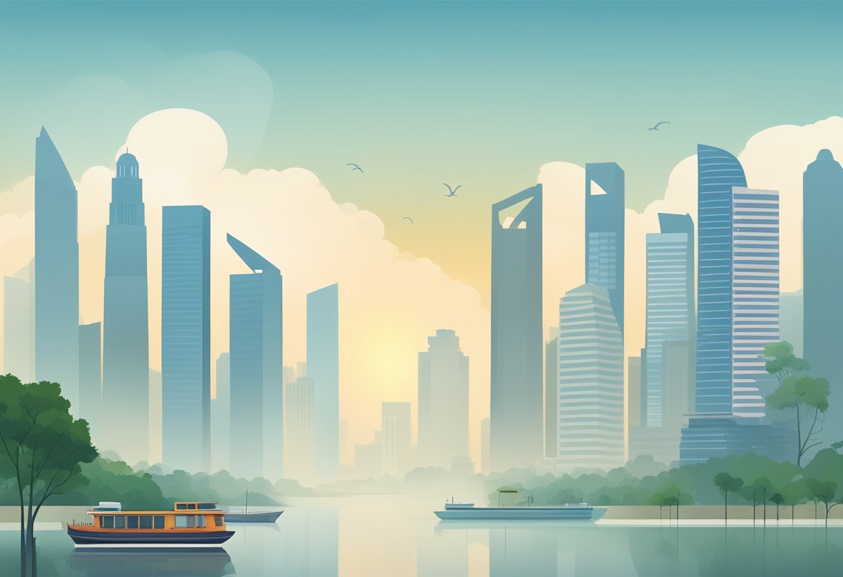 The city skyline of Singapore is obscured by a thick haze, with buildings and landmarks barely visible in the distance