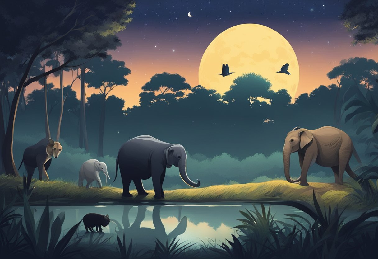 Animals roam freely in the dimly lit Night Safari at Mandai Lake Road, Singapore. The night sky provides a backdrop for the nocturnal creatures