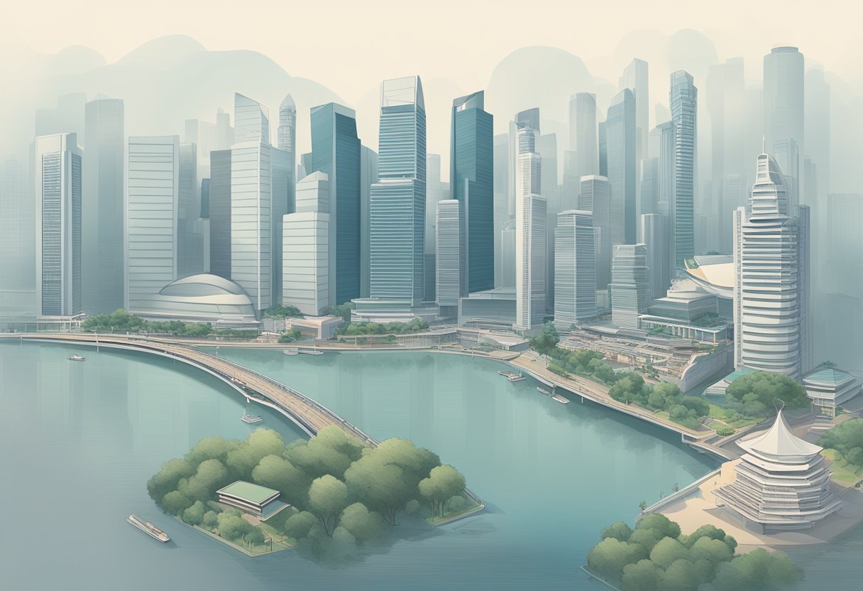 The skyline of Singapore is shrouded in a thick haze, with tall buildings and landmarks barely visible through the smoky air