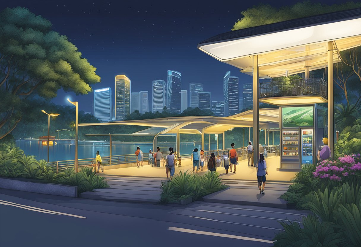 Mandai Lake Road at night, with the glow of the Visitor Information Center against the dark backdrop of the Singapore Night Safari