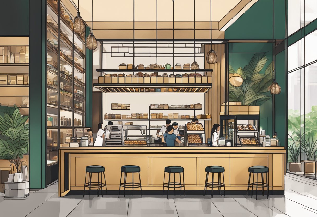 A bustling Starbucks Reserve in Singapore, with sleek, modern decor and customers enjoying premium coffee and artisanal pastries