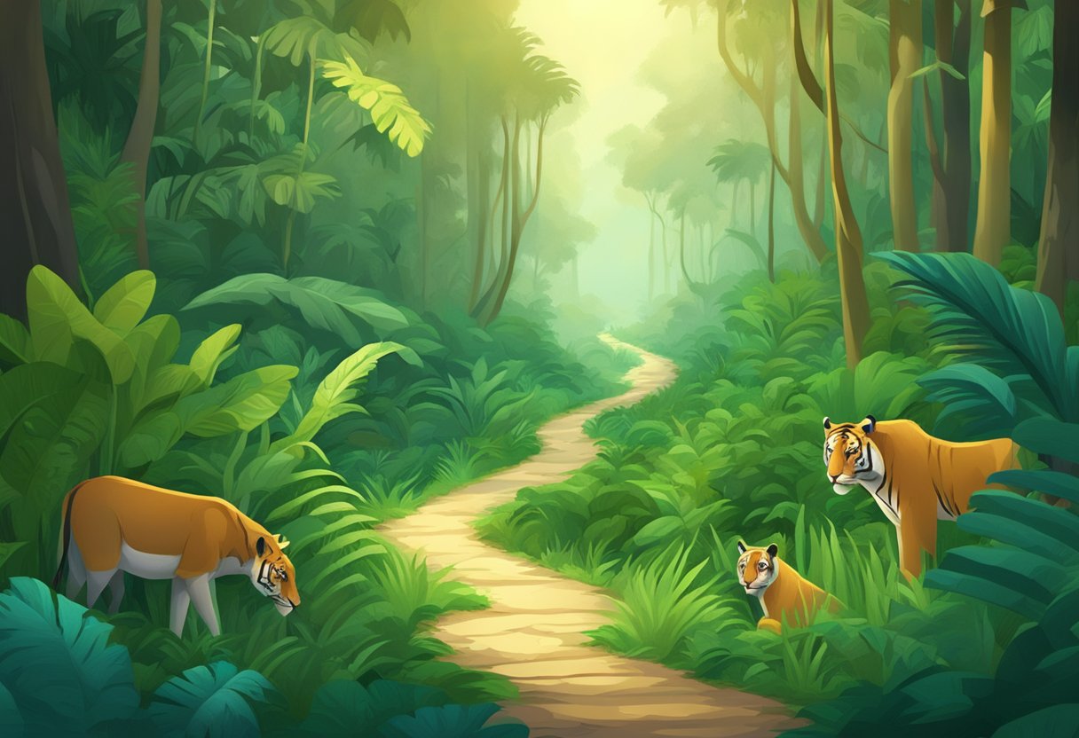 A winding road through the jungle, lit by soft, ambient lighting. Animals can be seen peering out from the foliage, creating a sense of mystery and adventure
