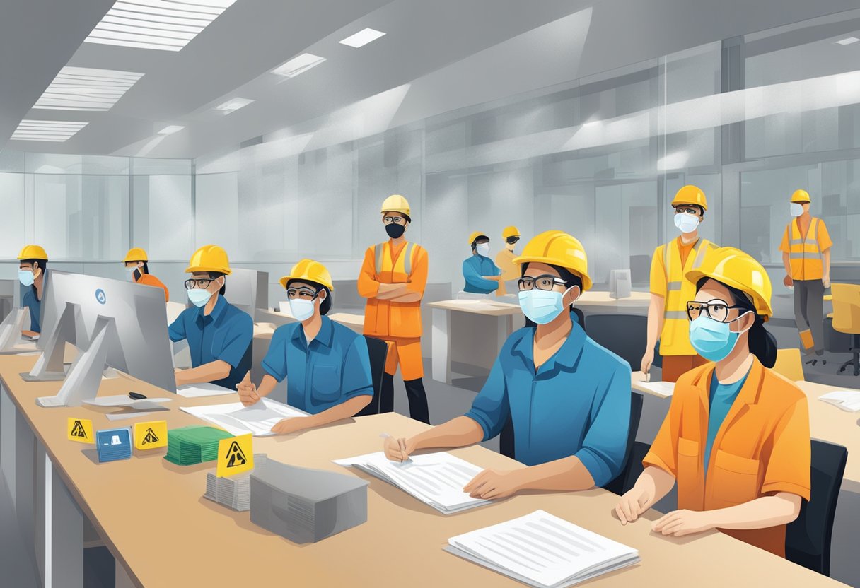 Workers in Singapore wear masks and goggles, while signs display health and safety precautions amidst a hazy environment