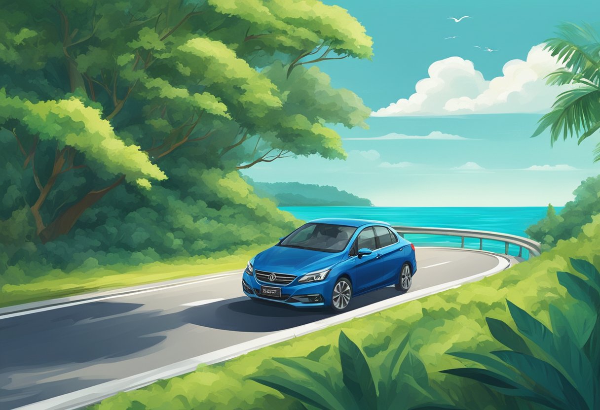 A car driving on a coastal road from Singapore to Desaru, passing through lush greenery and blue waters