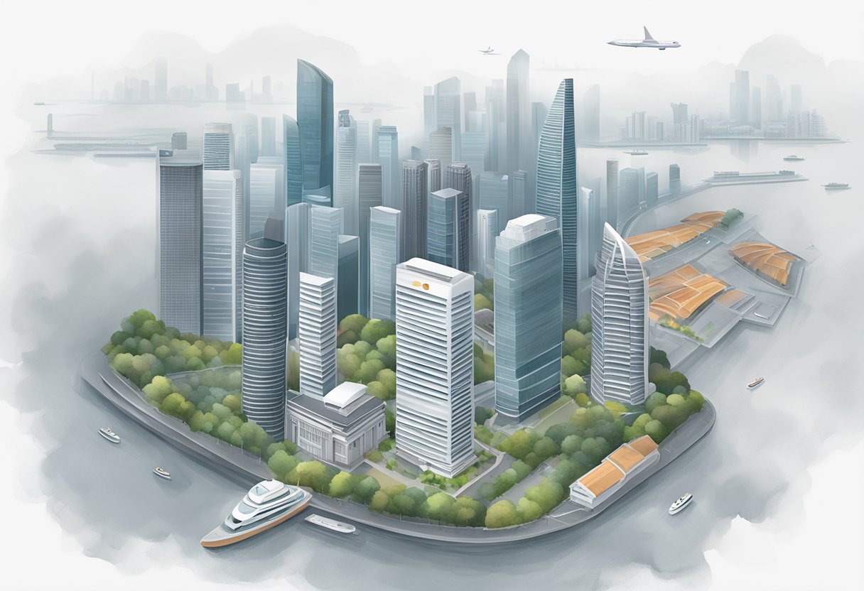 The Singapore skyline is shrouded in a hazy fog, with buildings and landmarks obscured by the thick, gray air