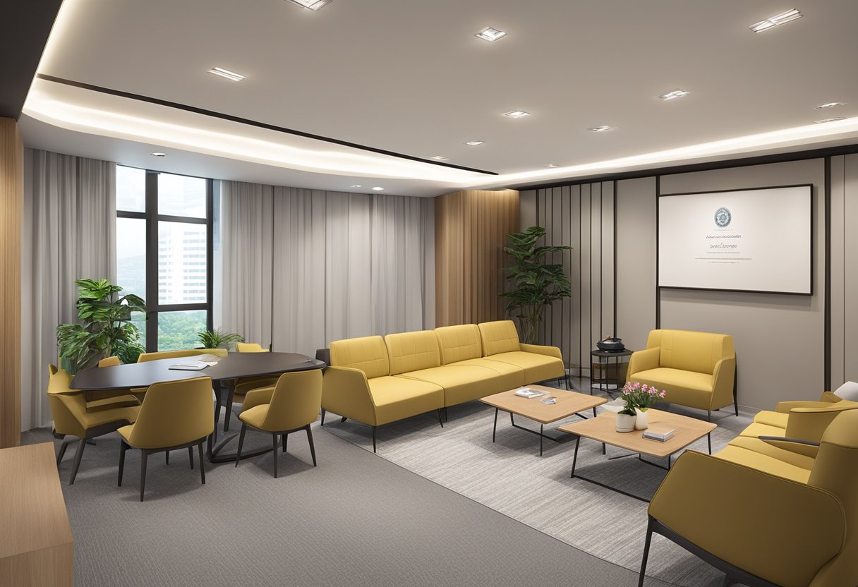 The Singapore Association for Counselling office is a modern, professional space with clean lines, neutral colors, and comfortable seating. The walls are adorned with framed accolades and certificates, creating a sense of credibility and expertise