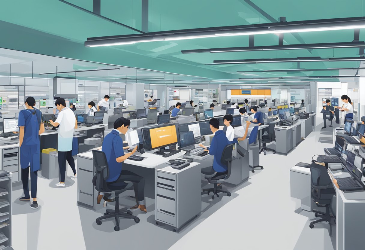 The Sony service center in Singapore bustles with customers and staff, with rows of electronic devices being serviced and technicians working diligently