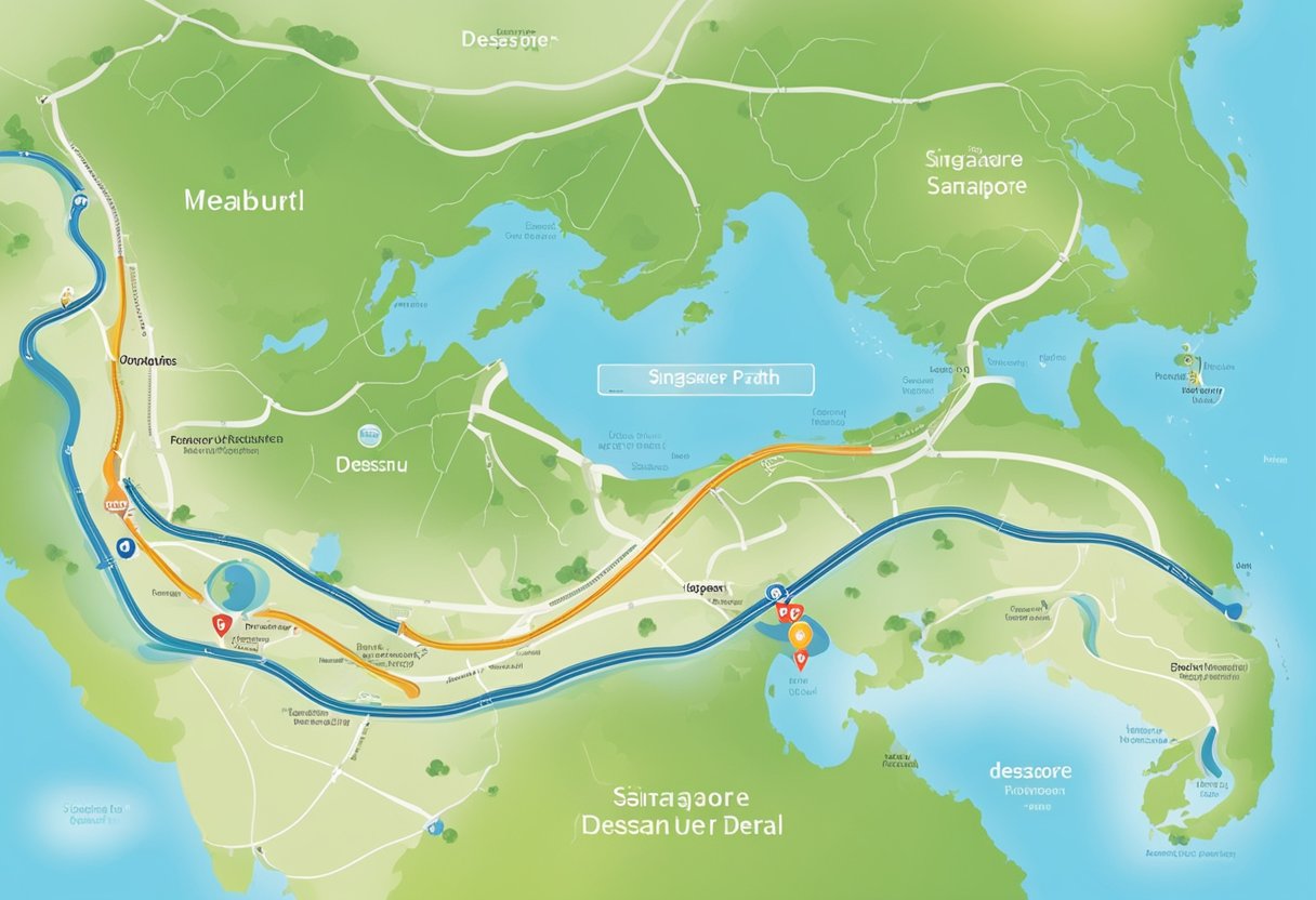 A map showing the route from Singapore to Desaru, with a clear path and distance markers