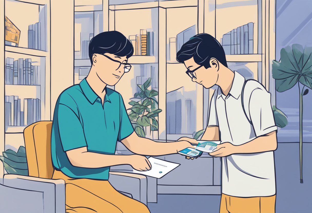 A person receiving a membership card from the Singapore Association for Counselling. The association's logo prominently displayed in the background
