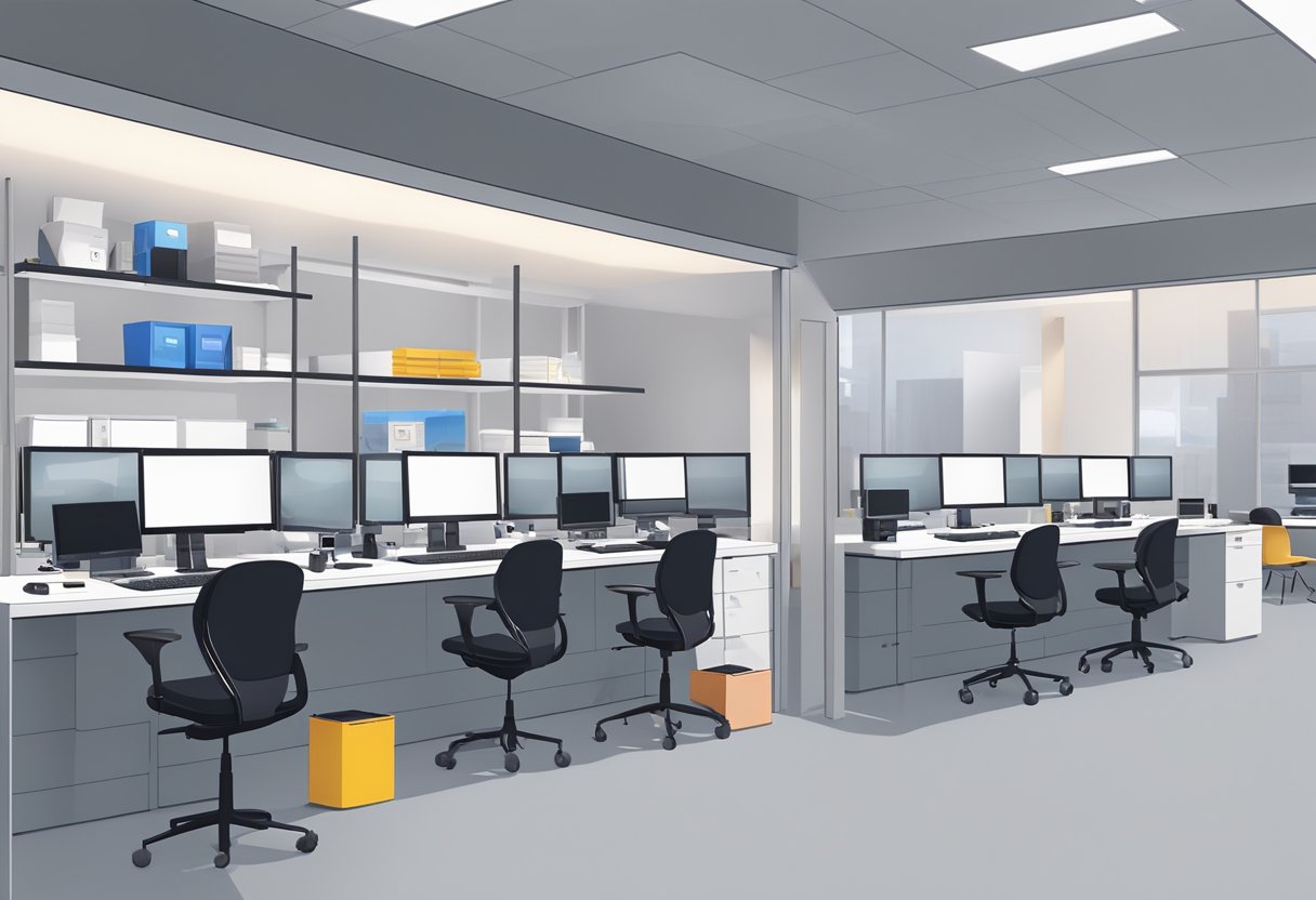 The Sony service center is a modern, well-lit space with sleek, minimalist design. Multiple workstations are set up for technicians to repair and service Sony electronic devices