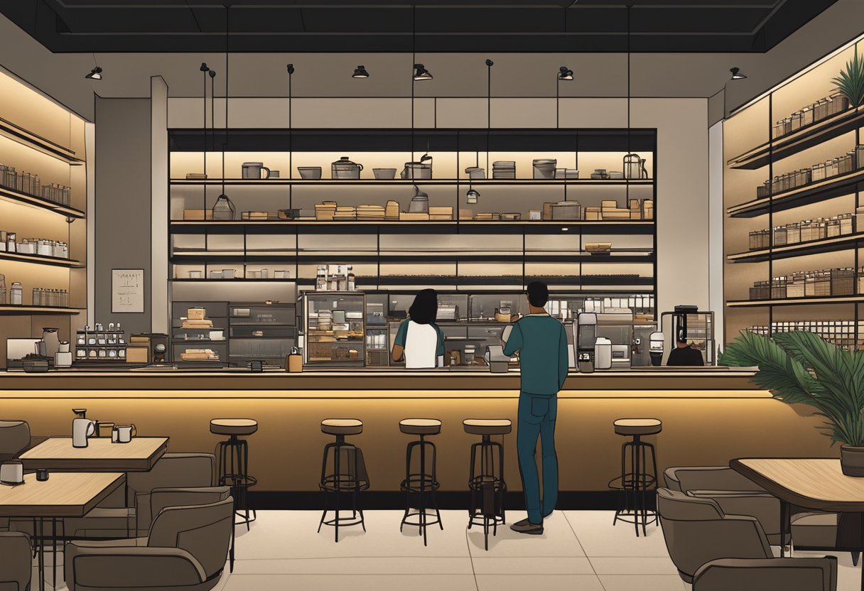 Customers sipping coffee at United Square's Starbucks Reserve, surrounded by modern decor and shelves of exotic coffee beans