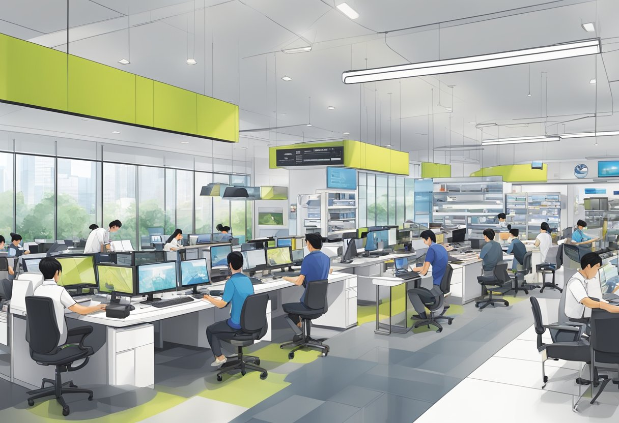 The Sony service center in Singapore bustles with activity as staff assist customers and repair electronic devices