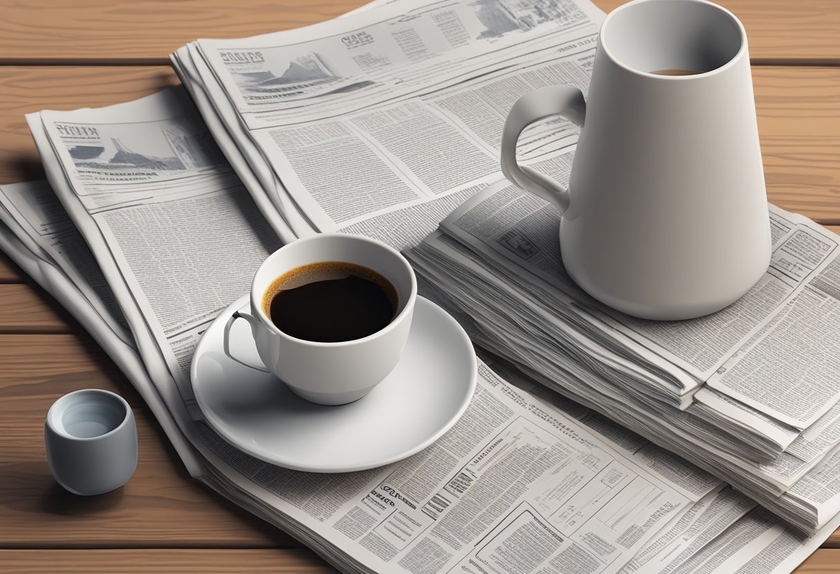 A stack of Singapore Chinese newspapers on a wooden table, with a cup of coffee and a pair of reading glasses beside it