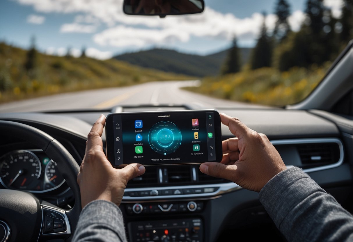 A car driving on a road with a smartphone wirelessly connected to Android Auto, displaying frequently asked questions about wireless car integration