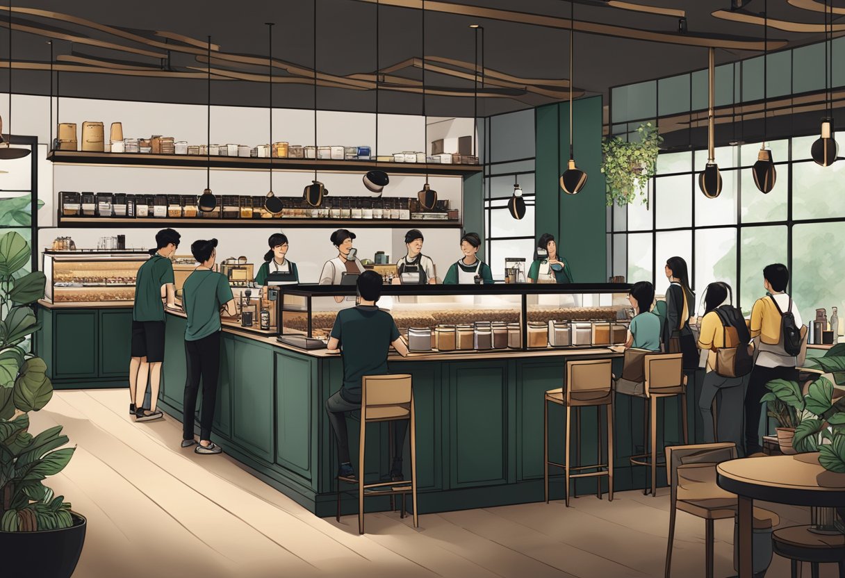 A bustling Starbucks Reserve in Singapore, with customers lined up at the counter, baristas crafting specialty drinks, and a display of premium coffee beans and merchandise