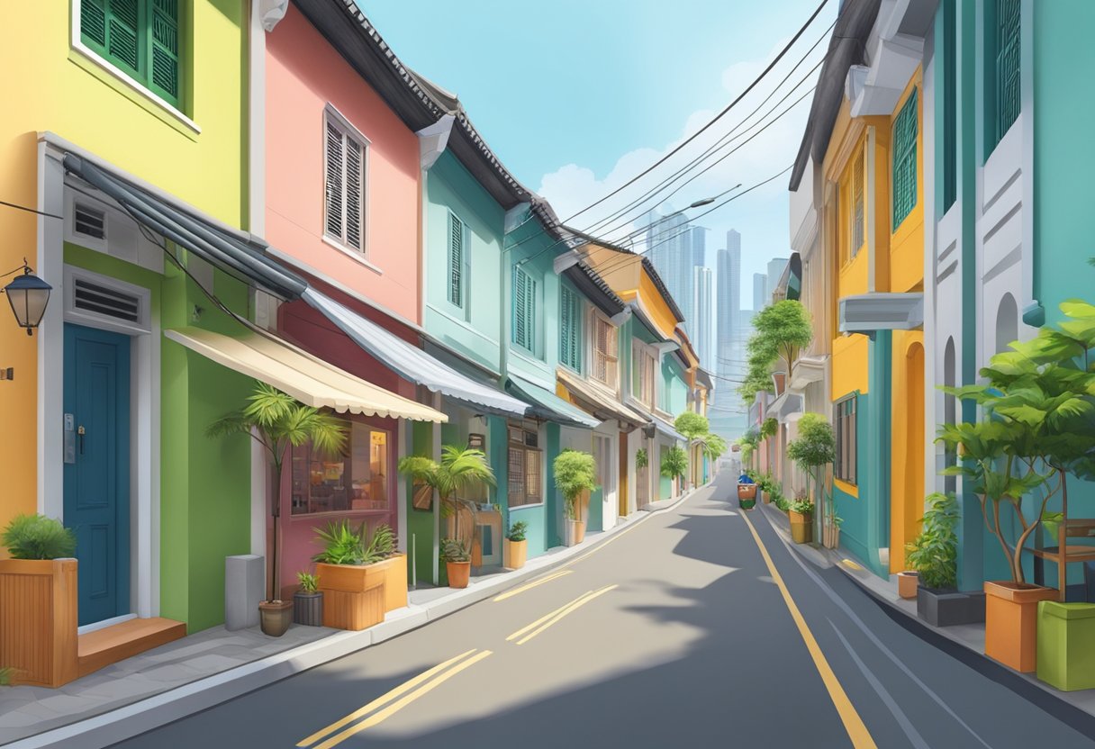 A narrow alley in Sims Lane, Singapore, with colorful shophouses and bustling street activity