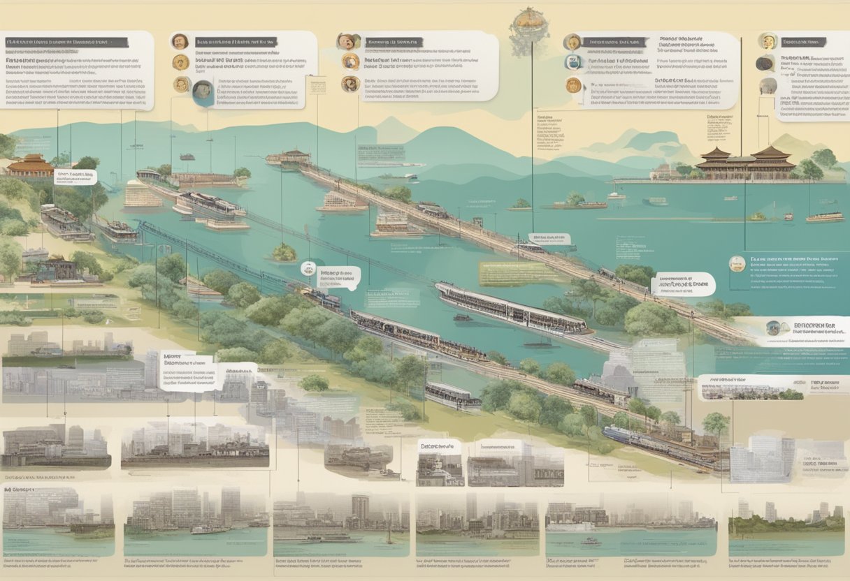 A timeline of Singapore Chinese newspapers, from early print to digital, displayed with key historical events and influential figures