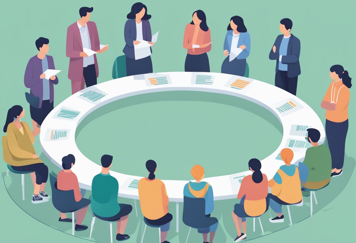 A group of people standing in a circle, discussing and sharing information. A sign with "Frequently Asked Questions Singapore Association for Counselling" is displayed prominently