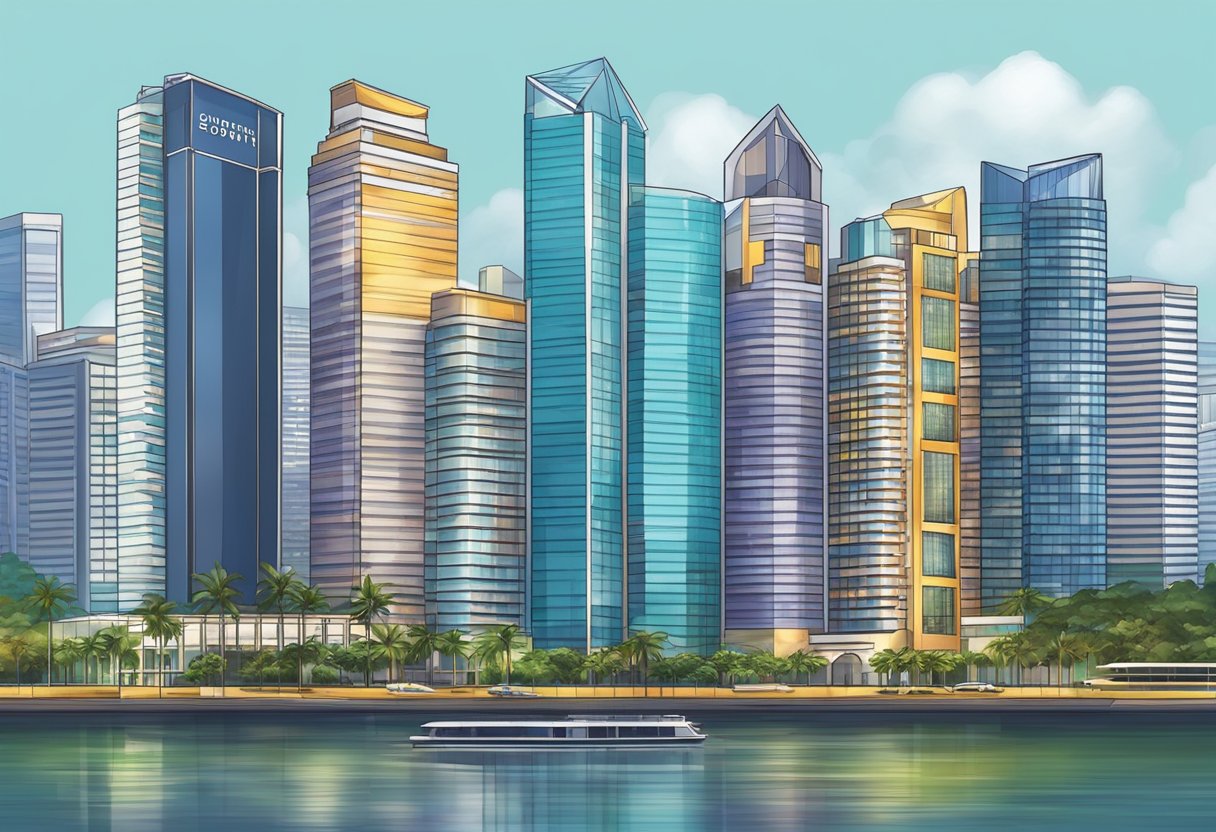 A row of modern hotels rises against the Singapore skyline, their sleek glass exteriors reflecting the city's vibrant energy