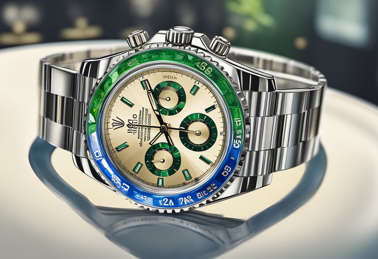 A luxurious Rolex watch displayed in a glass case at a high-end store in Singapore