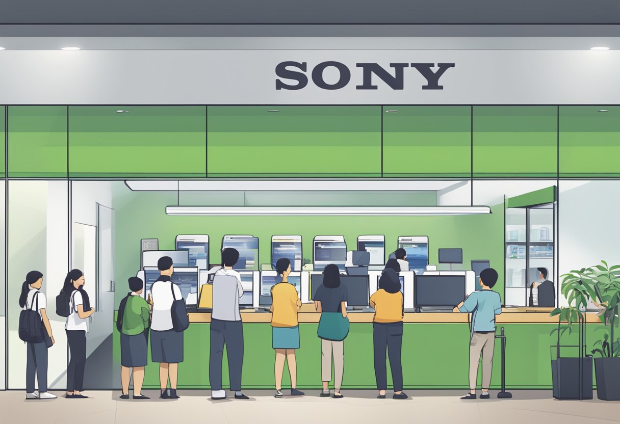 A line of customers waiting at the Sony service centre in Singapore, with a prominent sign displaying "Frequently Asked Questions" above the counter