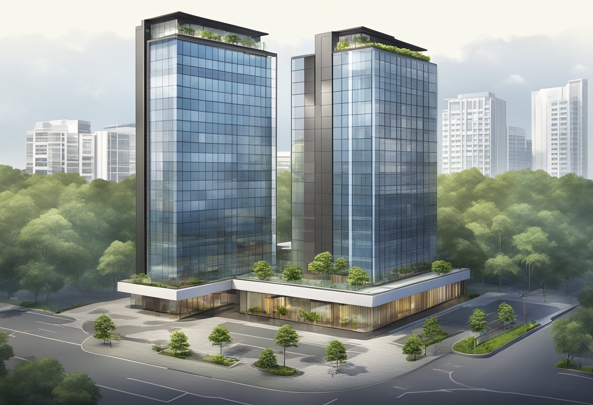 A modern high-rise building with glass windows and a sleek exterior, located at 1 Sims Lane in Singapore