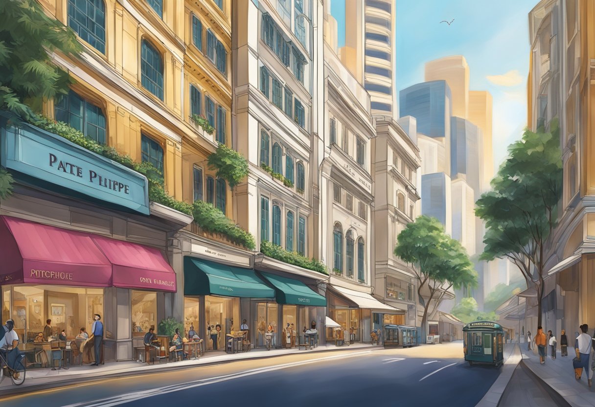 A bustling street in Singapore, with the iconic Patek Philippe boutique standing tall among the vibrant cityscape