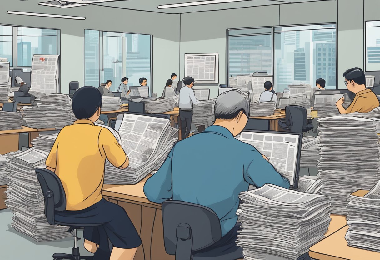 A bustling newsroom with stacks of Singapore Chinese newspapers, editors discussing headlines, and reporters typing furiously